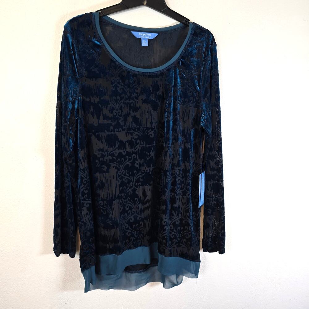 Simply Vera Vera Wang Top Women's PL Teal Velvet Burnout Semi Sheer Whimsigoth